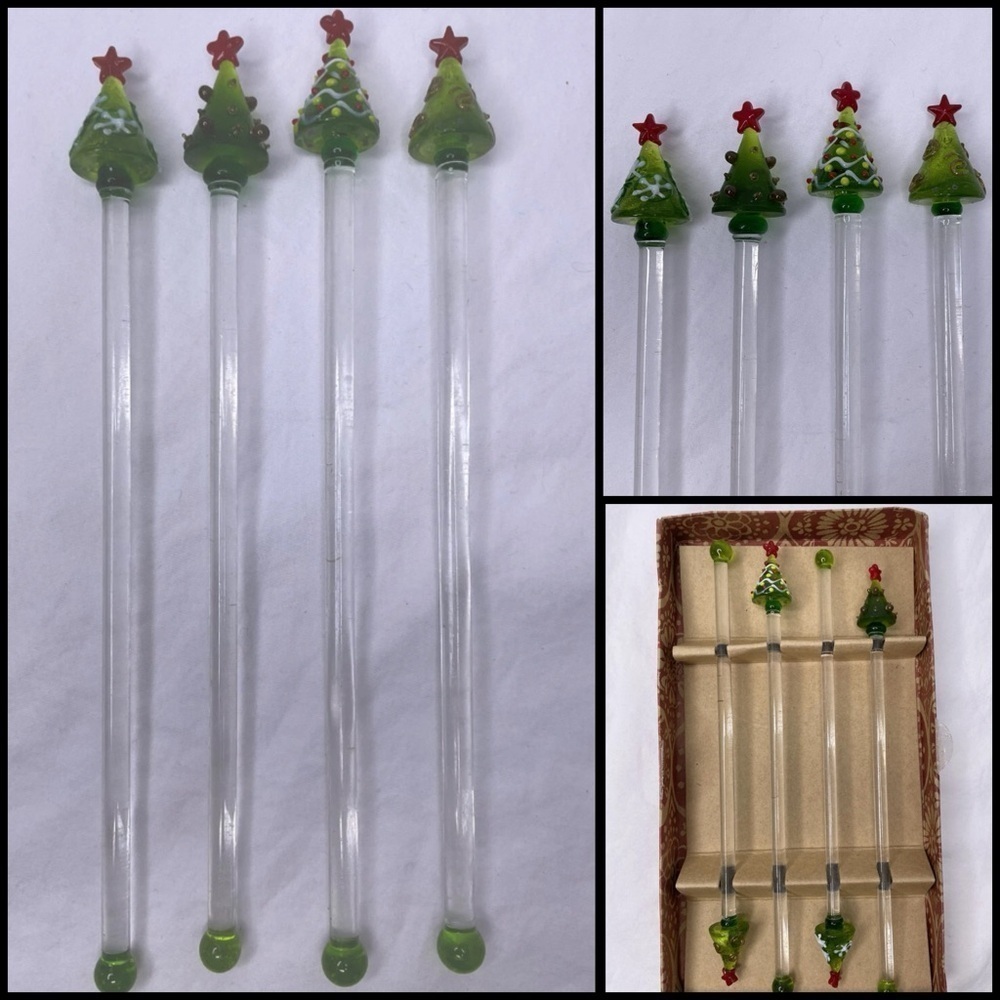 Pier 1 Christmas Tree Decorative Glass Swizzle Drink Set Of 4 Stir Sticks 8”